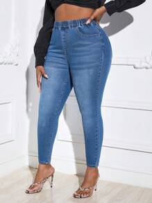 SHEIN SXY Hơn Cao eo Quần jean ôm - Rửa tối - Xem 5