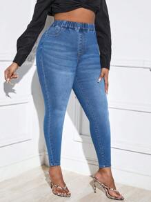 SHEIN SXY Hơn Cao eo Quần jean ôm - Rửa tối - Xem 6