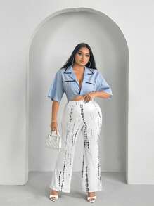 SHEIN SXY Plus Tie Dye Flare Leg Trousers - White - View 3