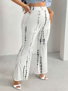 SHEIN SXY Plus Tie Dye Flare Leg Trousers - White - View 4