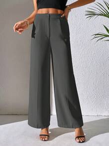 SHEIN PETITE 素色闊腿褲 - 灰色 - 查看 3