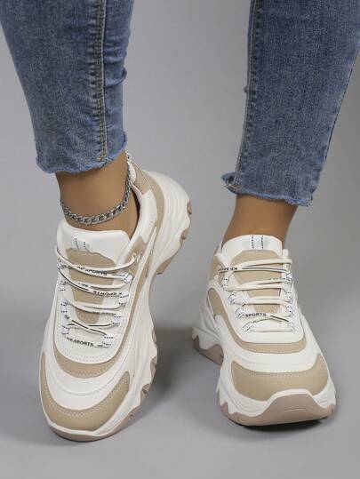 女士时尚运动鞋拼色英文字母厚底粗跟鞋