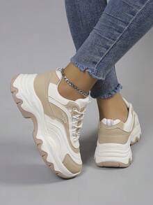 女士时尚运动鞋拼色英文字母厚底粗跟鞋 - 卡其色 - 查看 2