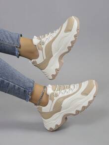 女士时尚运动鞋拼色英文字母厚底粗跟鞋 - 卡其色 - 查看 5