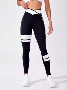 SHEIN Cheerettes Letter Graphic Contrast Panel Sports Leggings Yoga Women Pants - Black - View 5