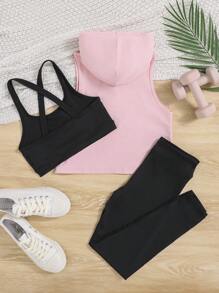 SHEIN 女大童3入組運動套裝帶連帽領上衣,無袖上衣,和瑜珈褲