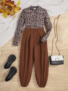 SHEIN Tween Girl Geo Print Mock Neck Tee & Pants - Multicolor - View 1