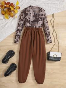 SHEIN Tween Girl Geo Print Mock Neck Tee & Pants - Multicolor - View 2