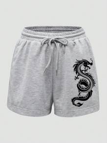 INAWLY Dragon Graphic Drawstring Waist Track Shorts - Light Grey - View 1