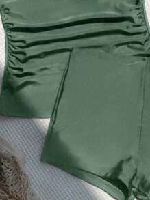 SHEIN Swim Tankini sólido de shorts halter para playa de verano - Verde militar - Ver 3