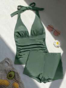 SHEIN Swim Tankini sólido de shorts halter para playa de verano - Verde militar - Ver 4