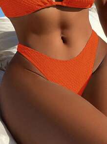 SHEIN Swim 夏季海滩纯色镂空比基尼泳裤 - 橘色 - 查看 4