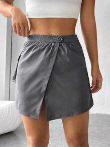 SHEIN EZwear Solid Wrap Hem Skirt - Grey - View 1