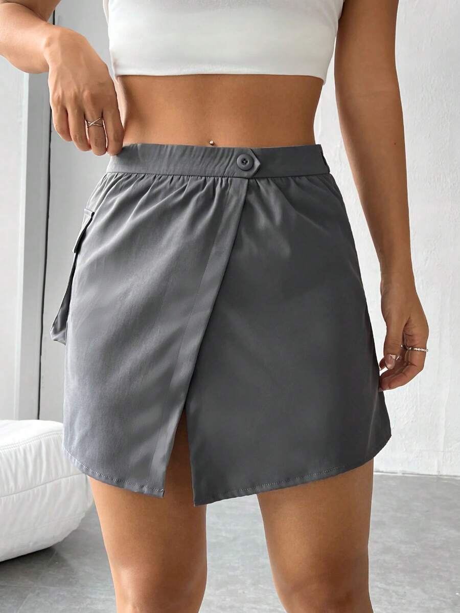 SHEIN EZwear Solid Wrap Hem Skirt - Grey - View 1
