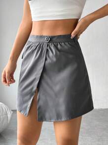 SHEIN EZwear Solid Wrap Hem Skirt - Grey - View 3