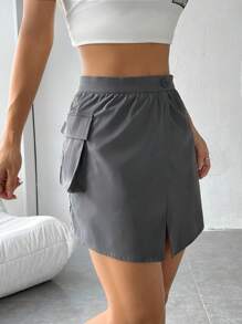 SHEIN EZwear Solid Wrap Hem Skirt - Grey - View 4