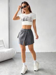 SHEIN EZwear Solid Wrap Hem Skirt - Grey - View 5