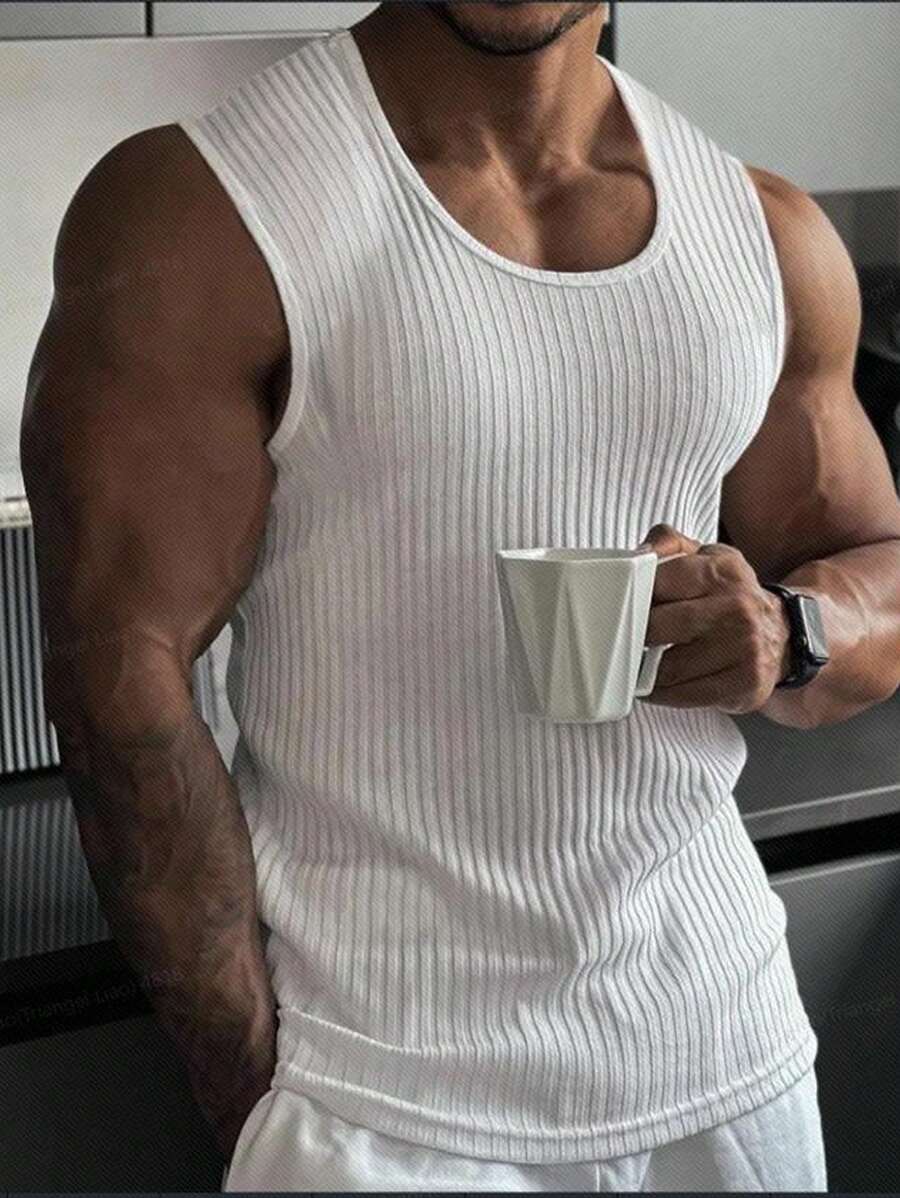 Nam Chất rắn Đồ đan Ribbed Áo vest ngủ - trắng - Xem 1
