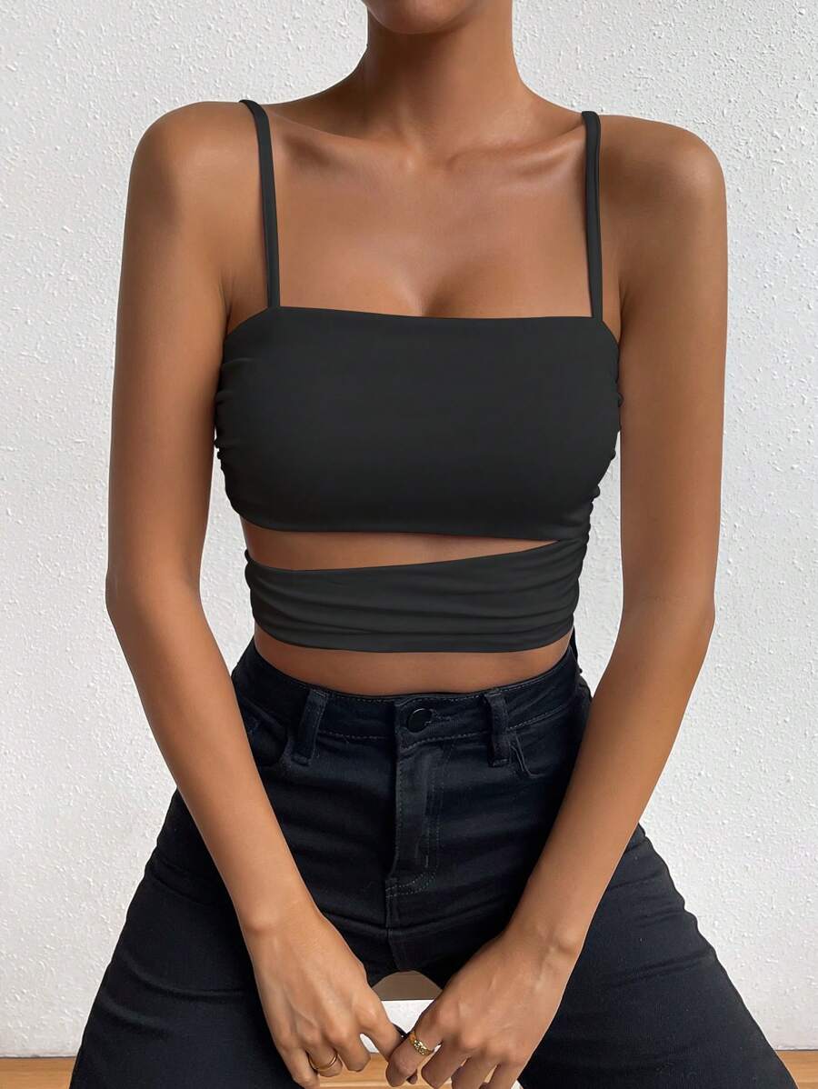 Allurite Cut Out Ruched Side Crop Cami Top - Black - View 1