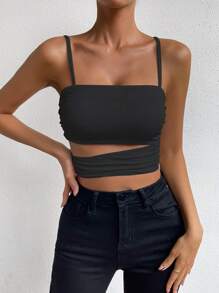 Allurite Cut Out Ruched Side Crop Cami Top - Black - View 3