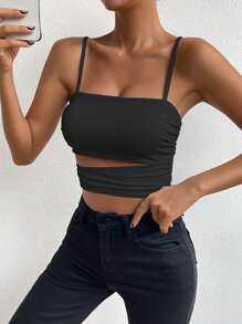 Allurite Cut Out Ruched Side Crop Cami Top - Black - View 4