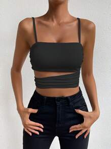 Allurite Cut Out Ruched Side Crop Cami Top - Black - View 5