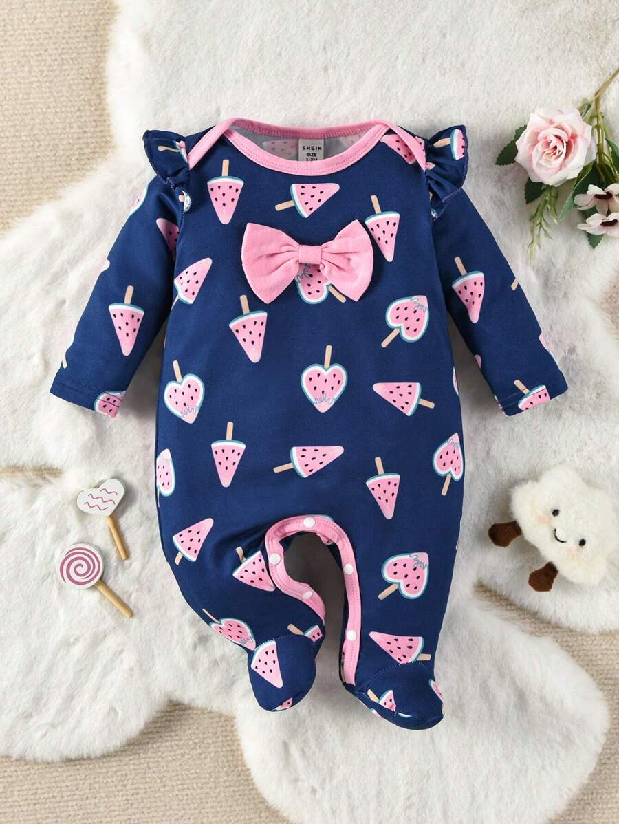 Baby Girl Watermelon Print Bow Front Ruffle Trim Footed PJ Set - Royal Blue - View 1