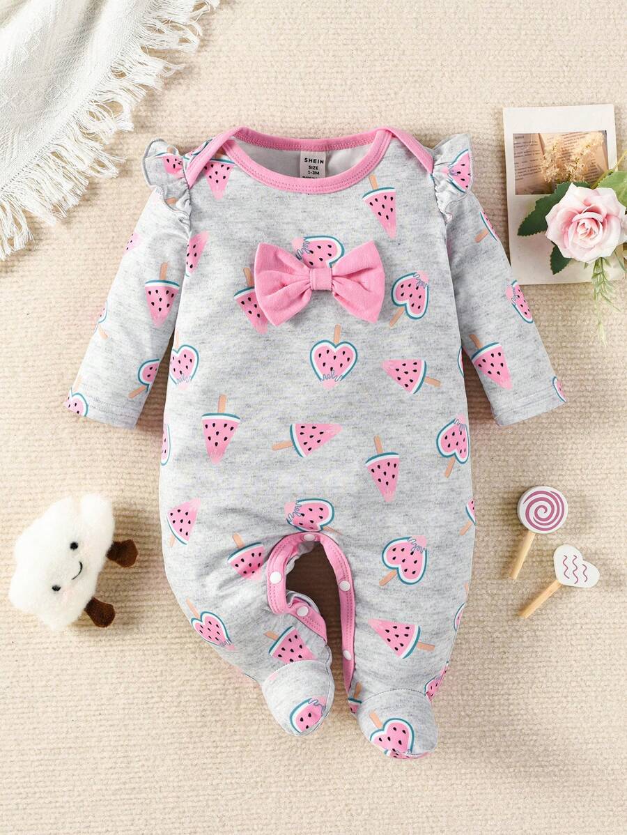 Baby Girl Cartoon Graphic Bow Front Ruffle Trim Footed Jumpsuit - Grey - View 1