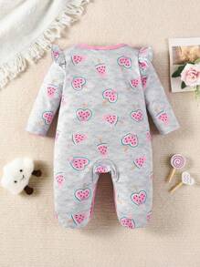 Baby Girl Cartoon Graphic Bow Front Ruffle Trim Footed Jumpsuit - Grey - View 2