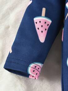 Baby Girl Watermelon Print Bow Front Ruffle Trim Footed PJ Set - Royal Blue - View 6