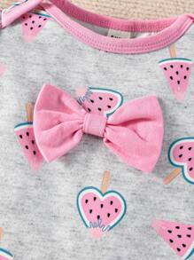 Baby Girl Cartoon Graphic Bow Front Ruffle Trim Footed Jumpsuit - Grey - View 4