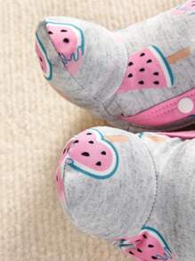 Baby Girl Cartoon Graphic Bow Front Ruffle Trim Footed Jumpsuit - Grey - View 5