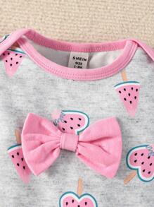 Baby Girl Cartoon Graphic Bow Front Ruffle Trim Footed Jumpsuit - Grey - View 7