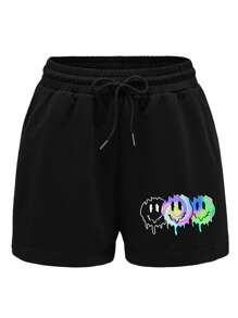 INAWLY In biểu thức Eo dây rút Quần short - màu đen - Xem 1