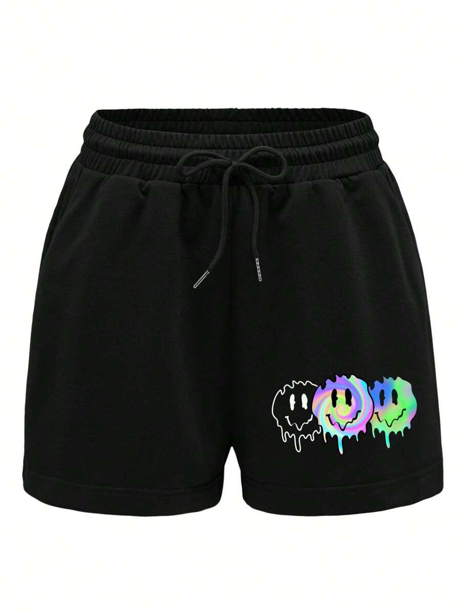 INAWLY In biểu thức Eo dây rút Quần short - màu đen - Xem 1