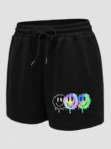 INAWLY In biểu thức Eo dây rút Quần short - màu đen - Xem 4