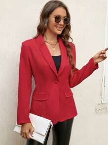 SHEIN Clasi Solid Single Button Blazer - Red - View 5