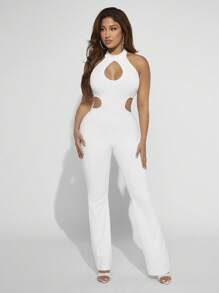 SHEIN SXY Cắt ra Không lưng Chân bùng Áo liền quần Dây thắt cổ - trắng - Xem 5