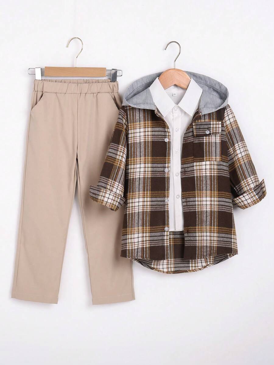 SHEIN 口袋 前紐扣格子男童（小）兩件套 - 彩色 - 查看 1