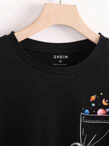 INAWLY 卡通图案 T 恤 图案 T 恤 女式上衣 - 黑色 - 查看 3