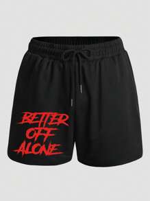 Nam Đồ họa Khẩu hiệu Eo dây rút Quần short - màu đen - Xem 1