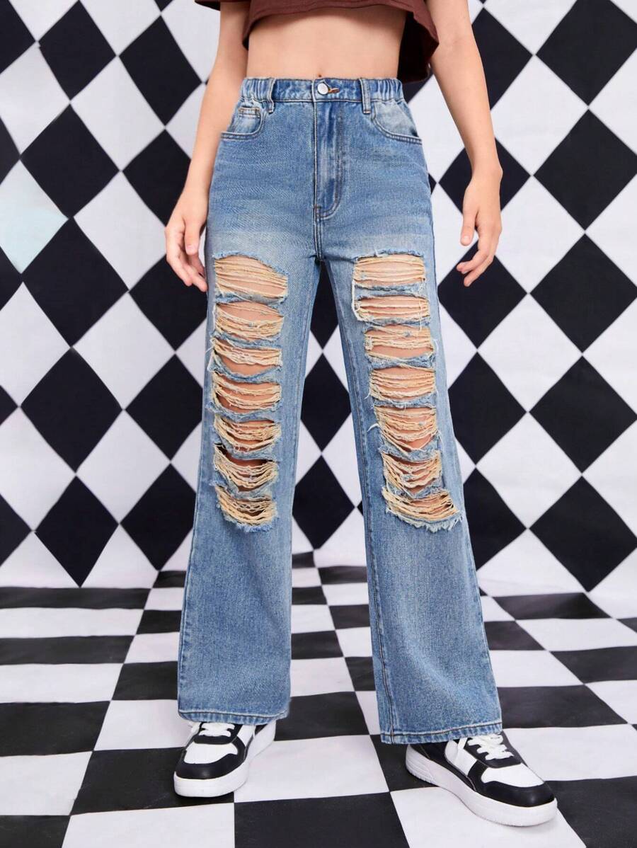 جينز بساق مستقيم ممزق بنت طفل