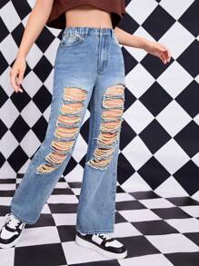 جينز بساق مستقيم ممزق بنت طفل