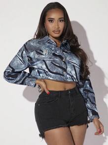 SHEIN SXY Allover Print Drop Shoulder Crop Jacket - Multicolor - View 5