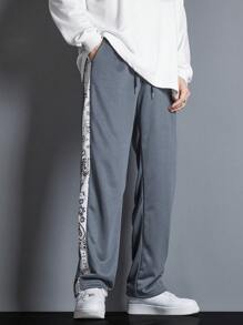 Manfinity Nam Lỏng lẻo Quần thể thao Với In hoa Paisley , Sọc tương phản Đường may bên Và Eo dây rút - Xám - Xem 3