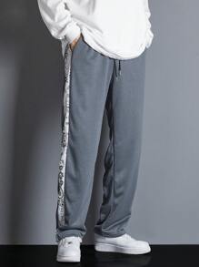 Manfinity Nam Lỏng lẻo Quần thể thao Với In hoa Paisley , Sọc tương phản Đường may bên Và Eo dây rút - Xám - Xem 5