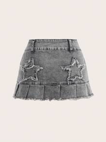SHEIN ICON Solid Star Pattern Ruffle Hem Raw Trim Denim Skirt - Dark Grey - View 2