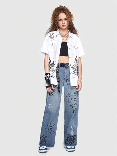 Street Life Cartoon Graphic Wide Leg Jeans