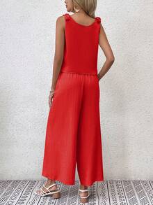 SHEIN LUNE 素色肩上打結背心上衣&闊腿褲 - 橘色 - 查看 2