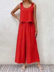 SHEIN LUNE 素色肩上打結背心上衣&闊腿褲 - 橘色 - 查看 3